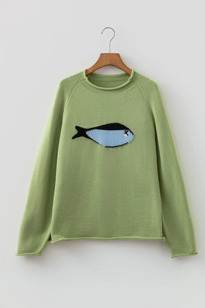 Unique Fish Knit Oversized Round Neck Sweater – Meadow Mist Green