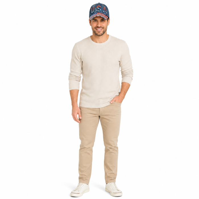 USA fan baseball cap in navy washed denim with bright crystal accents, a curved brim and adjustable strap for match-day wear.