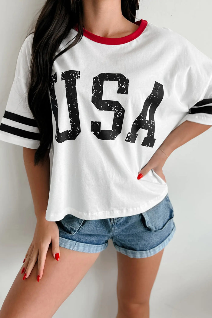 USA Letter Printed Varsity Striped Sleeve Round Neck Tee – White