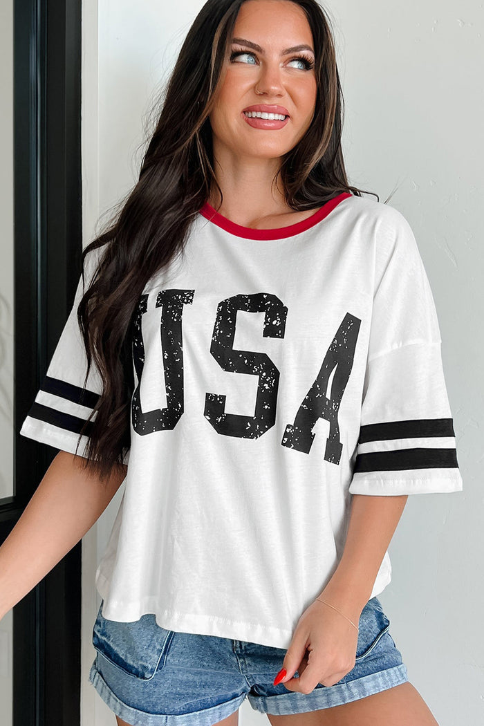 USA Letter Printed Varsity Striped Sleeve Round Neck Tee – White