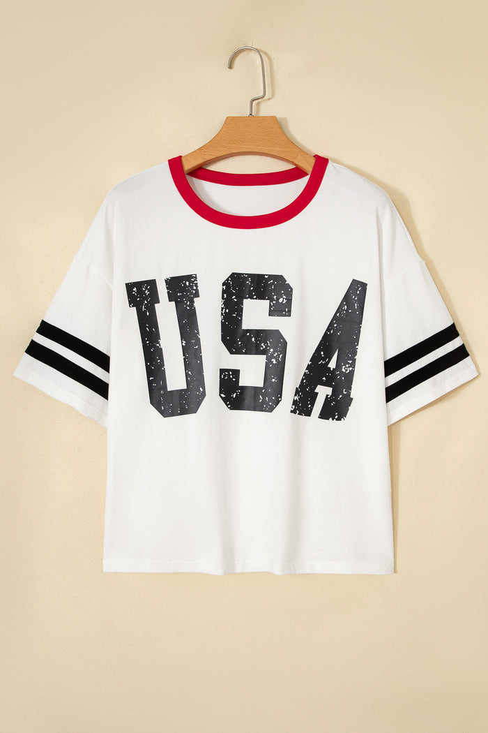 USA Letter Printed Varsity Striped Sleeve Round Neck Tee – White