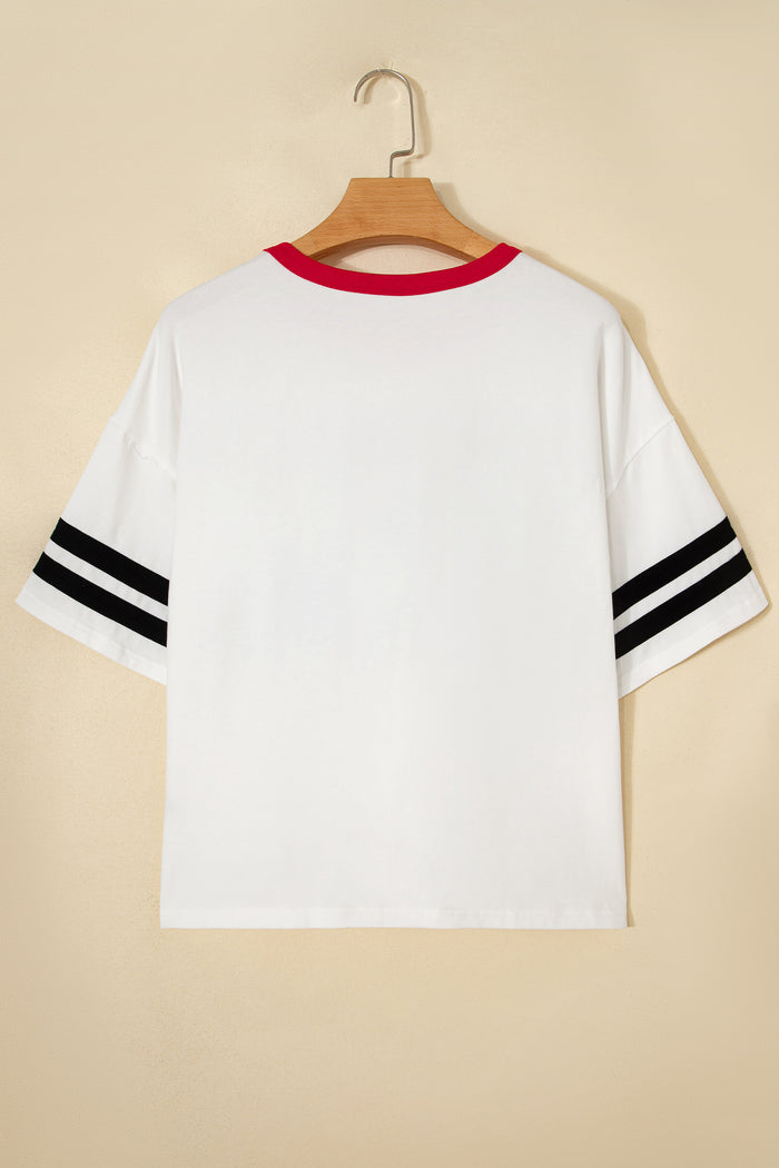 USA Letter Printed Varsity Striped Sleeve Round Neck Tee – White