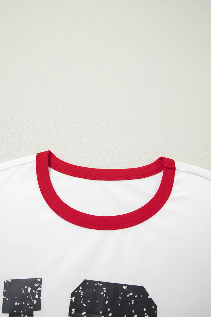 USA Letter Printed Varsity Striped Sleeve Round Neck Tee – White