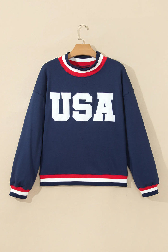 USA Slogan Patch Embroidery Colorblock High Neck Long Sleeve Sweatshirt – Dirty Blue