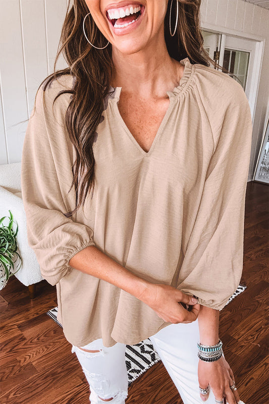 V Neck Gathered Cuff Three Quarter Sleeve Blouse – Parchment