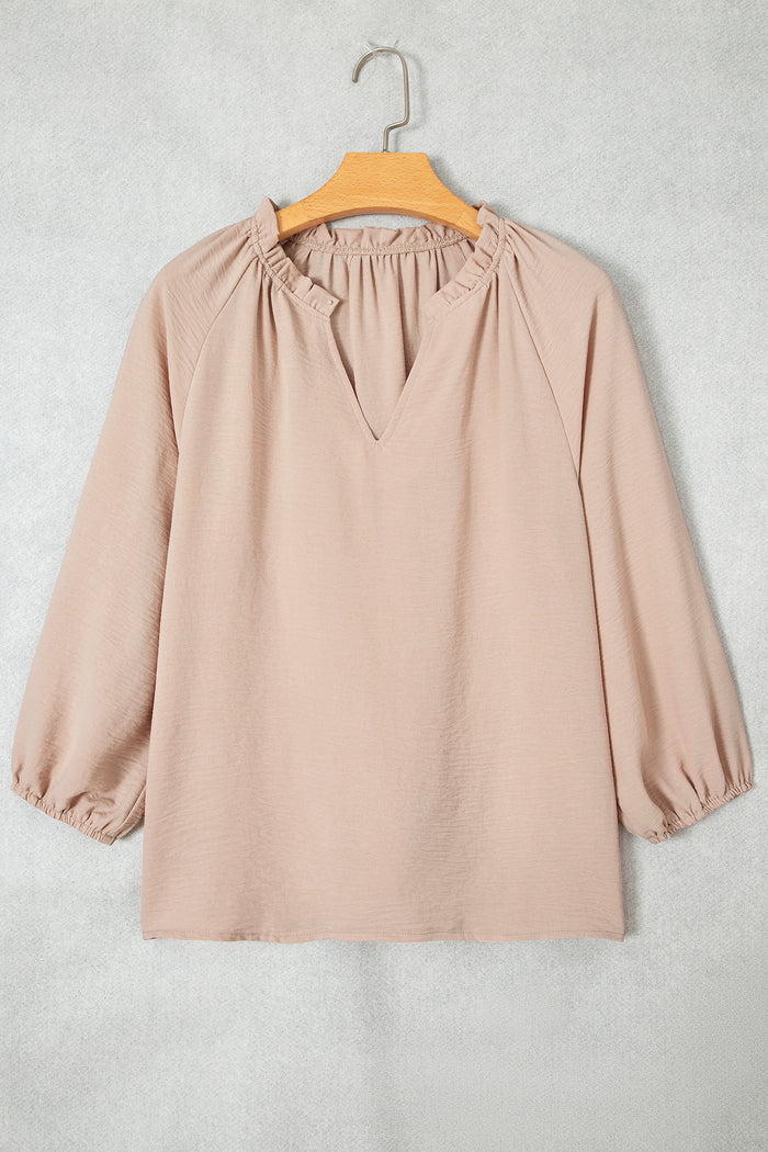 V Neck Gathered Cuff Three Quarter Sleeve Blouse – Parchment