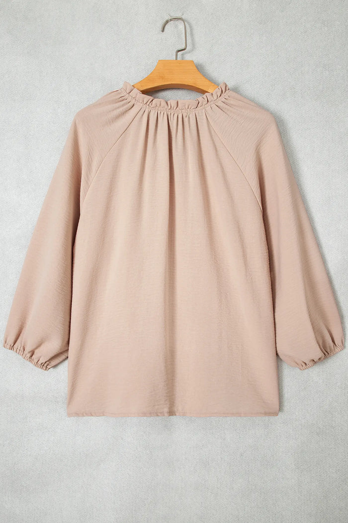 V Neck Gathered Cuff Three Quarter Sleeve Blouse – Parchment