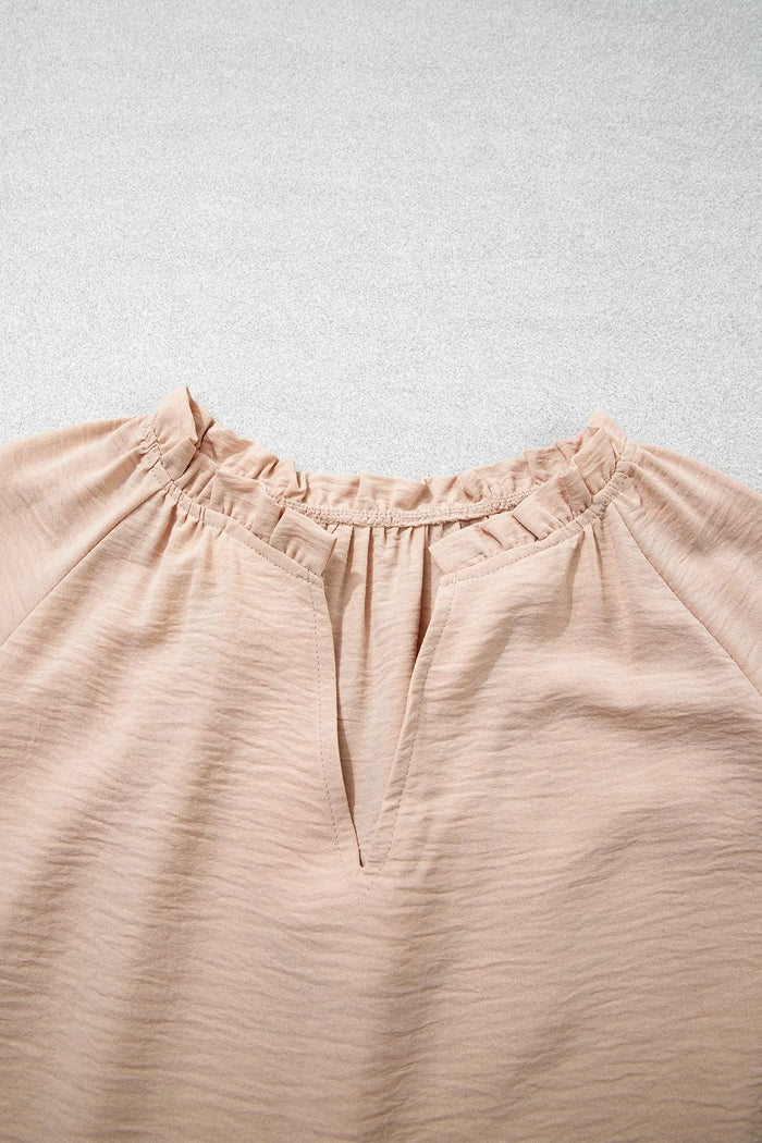 V Neck Gathered Cuff Three Quarter Sleeve Blouse – Parchment