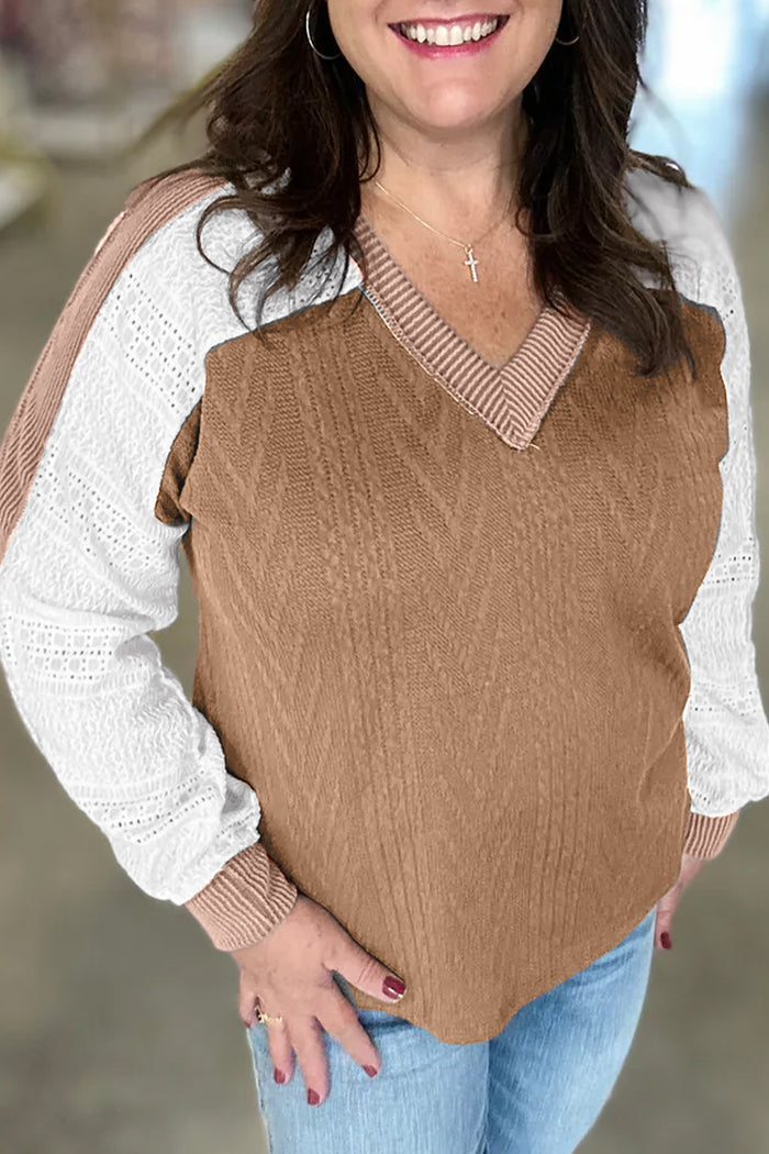 V Neck Lace Sleeve Patchwork Plus Size Blouse – Coffee