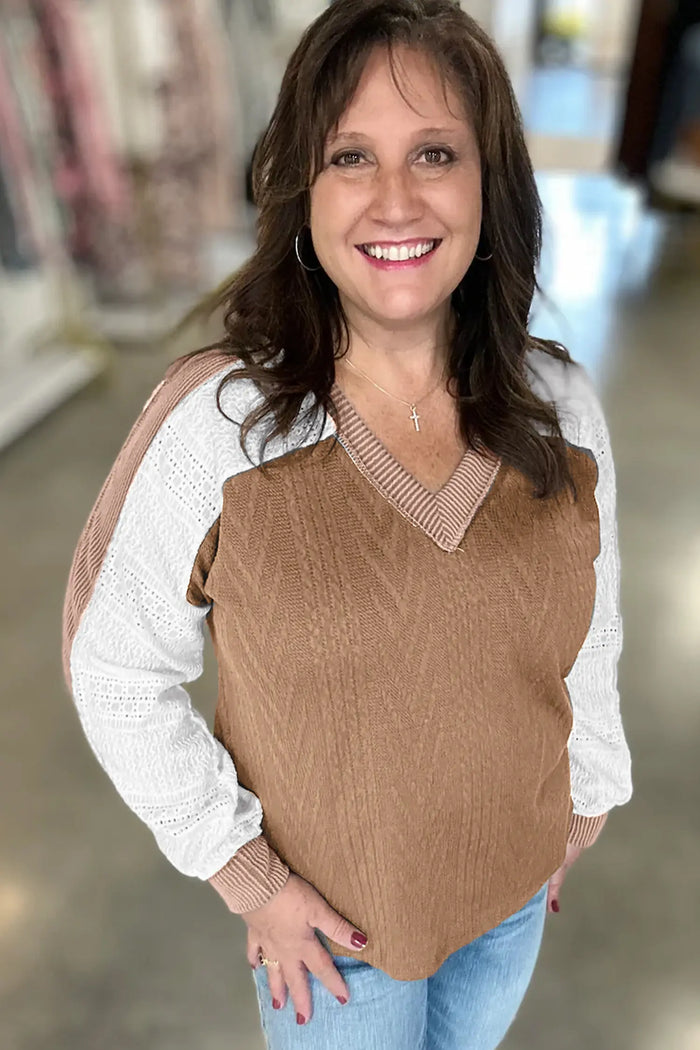 V Neck Lace Sleeve Patchwork Plus Size Blouse – Coffee