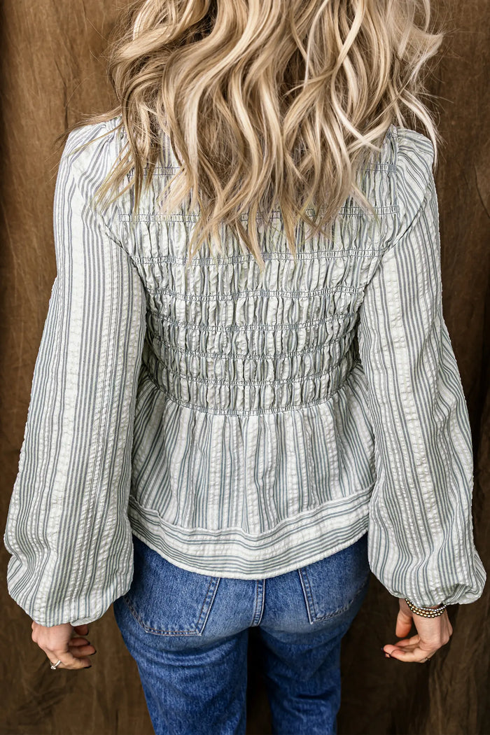 V Neck Shirred Long Sleeve Blouse – Blue Stripe