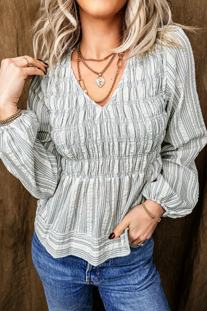 V Neck Shirred Long Sleeve Blouse – Blue Stripe