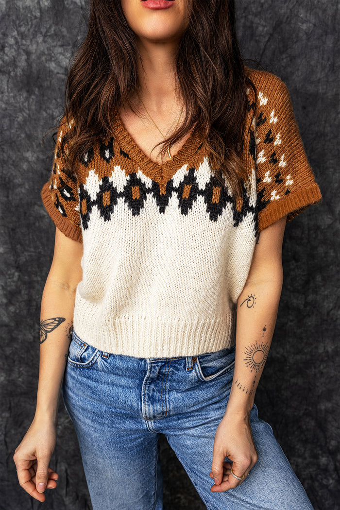 V Neck Short Sleeve Geometric Print Western Style Knit Tee – Brown