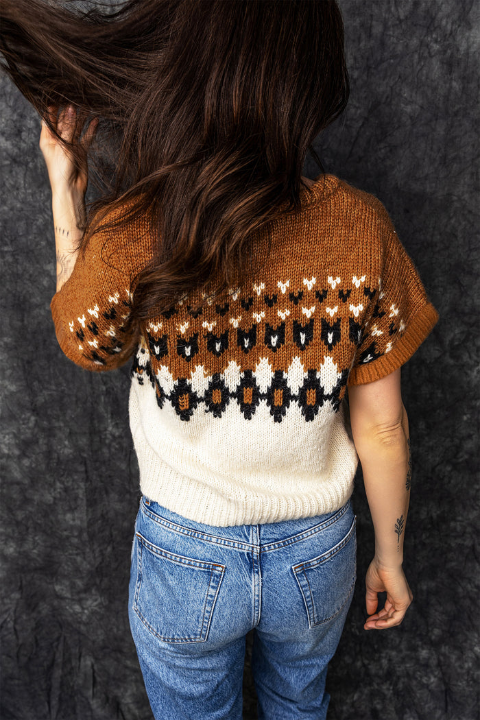 V Neck Short Sleeve Geometric Print Western Style Knit Tee – Brown