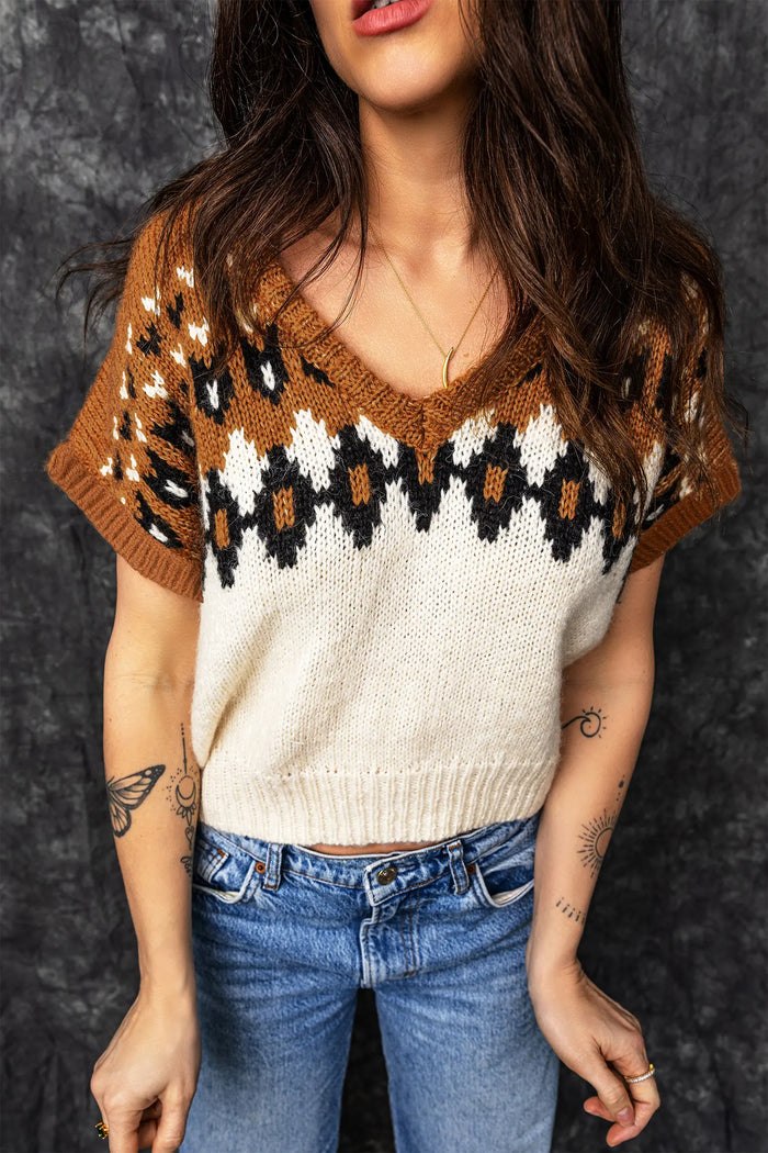 V Neck Short Sleeve Geometric Print Western Style Knit Tee – Brown