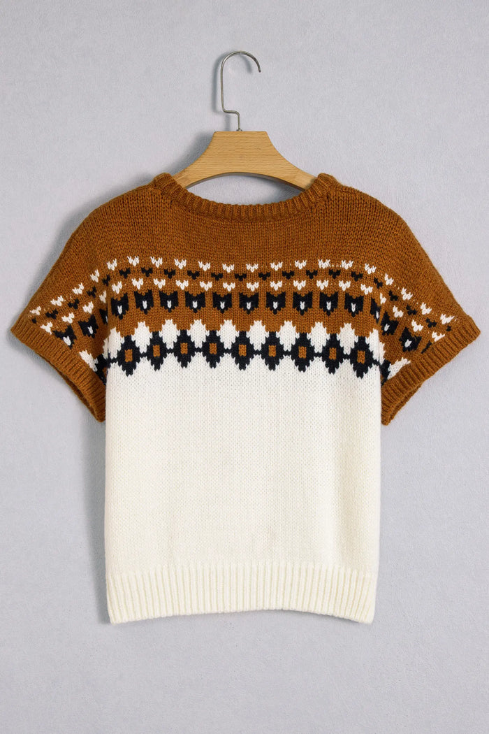 V Neck Short Sleeve Geometric Print Western Style Knit Tee – Brown