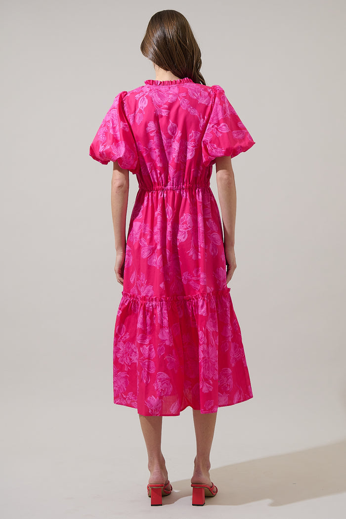 Vacey Floral Ginny Bubble Sleeve Midi Dress