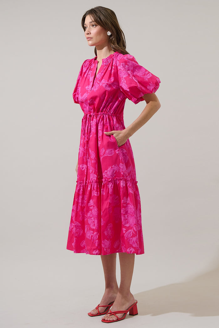 Vacey Floral Ginny Bubble Sleeve Midi Dress