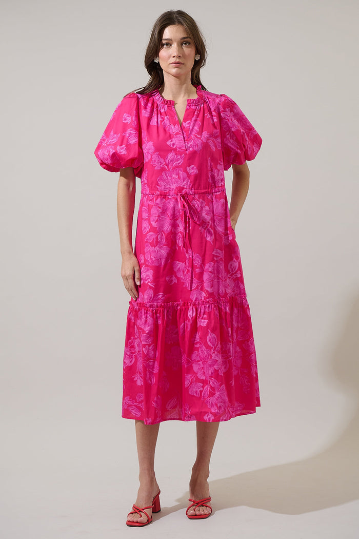 Vacey Floral Ginny Bubble Sleeve Midi Dress
