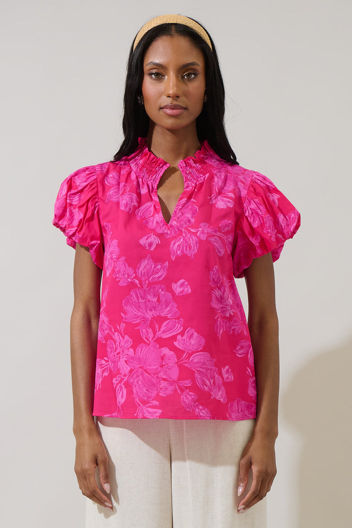 Vacey Floral Poly Smocked Top