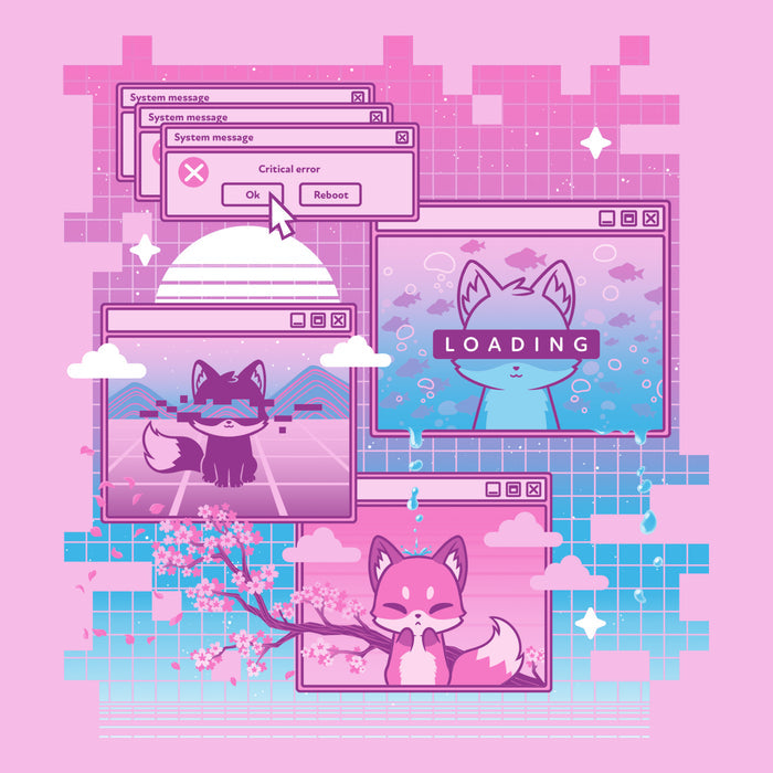 Premium Cotton T-shirt_TeeTurtle light pink Vaporwave Fox apparel featuring a pixelated computer screen with 3 windows open with foxes on them and multiple critical error system messages.