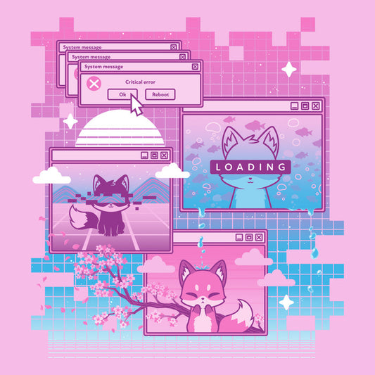 Premium Cotton T-shirt_TeeTurtle light pink Vaporwave Fox apparel featuring a pixelated computer screen with 3 windows open with foxes on them and multiple critical error system messages.