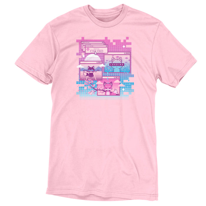 Premium Cotton T-shirt_TeeTurtle light pink Vaporwave Fox apparel featuring a pixelated computer screen with 3 windows open with foxes on them and multiple critical error system messages.