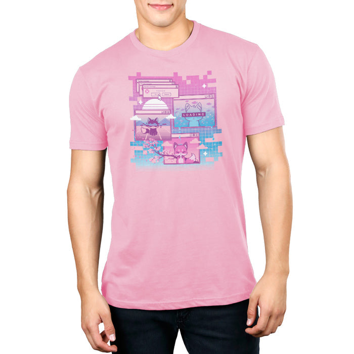 Premium Cotton T-shirt_TeeTurtle light pink Vaporwave Fox apparel featuring a pixelated computer screen with 3 windows open with foxes on them and multiple critical error system messages.