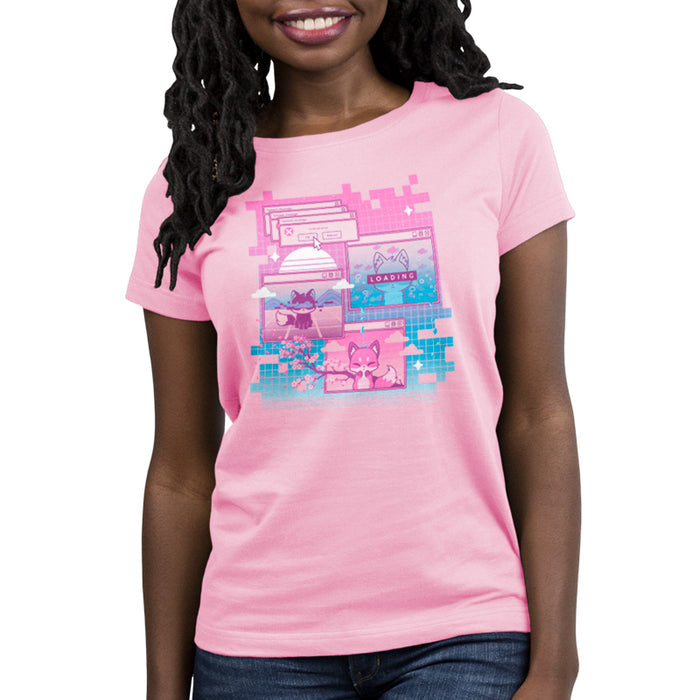 Premium Cotton T-shirt_TeeTurtle light pink Vaporwave Fox apparel featuring a pixelated computer screen with 3 windows open with foxes on them and multiple critical error system messages.