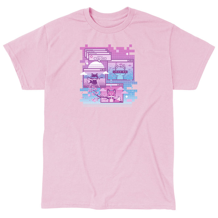 Classic Cotton T-shirt_TeeTurtle light pink Vaporwave Fox apparel featuring a pixelated computer screen with 3 windows open with foxes on them and multiple critical error system messages.