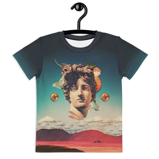 A surreal digital collage centers on a floating Greco-Roman statue head (rendered in warm marble and sepia) adorned with a vintage botanical rose. Contact us with accessibility feedback, we'd love to help!