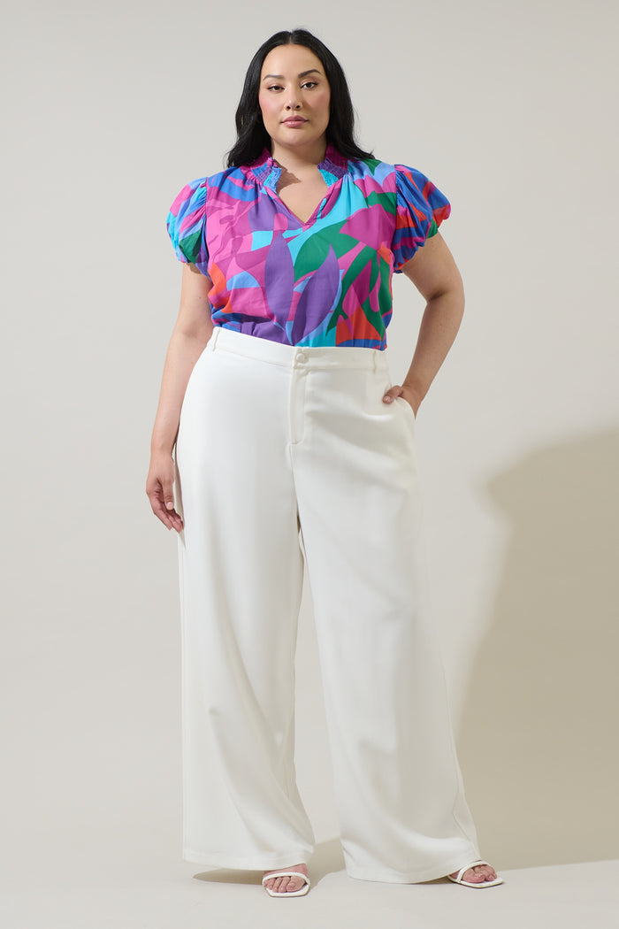 Vemmy Abstract Poly Smocked Top Curve