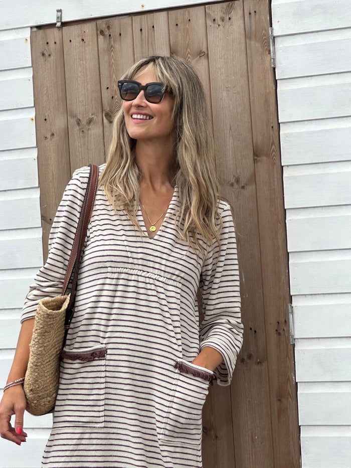 Victoria Towelling Beach Dress / Cover Up | Chocolate & Cream, Chocolate Trim