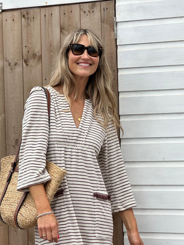 Victoria Towelling Beach Dress / Cover Up | Chocolate & Cream, Chocolate Trim