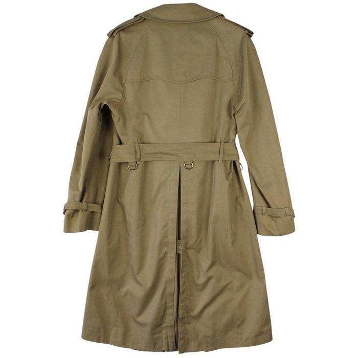 Burberry brown double breasted belted trench coat with classic check lining and logo details.