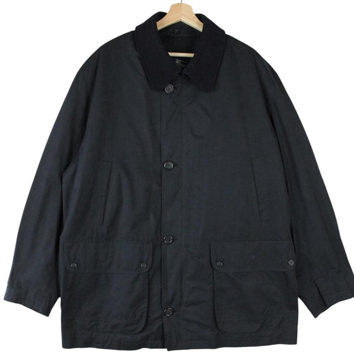 Burberry navy blue wool coat with Nova Check lining and logo detail.