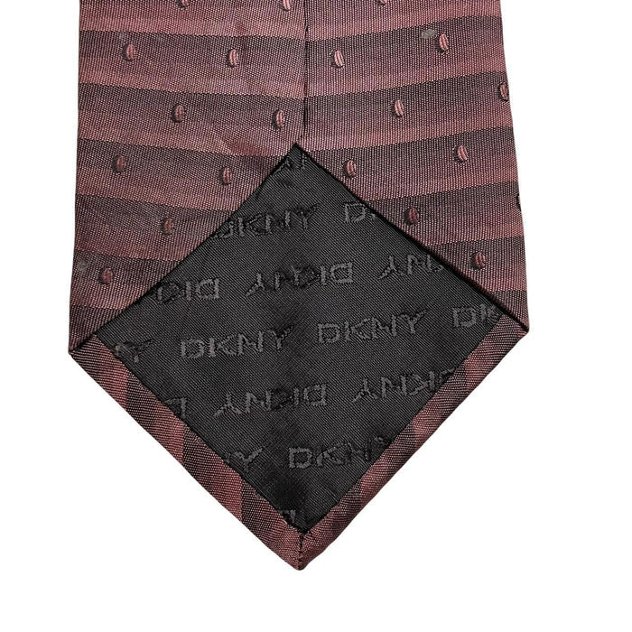 DKNY burgundy silk tie with striped pattern and logo detail.
