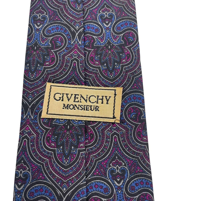Givenchy purple tie with abstract print design in smooth polyester fabric.