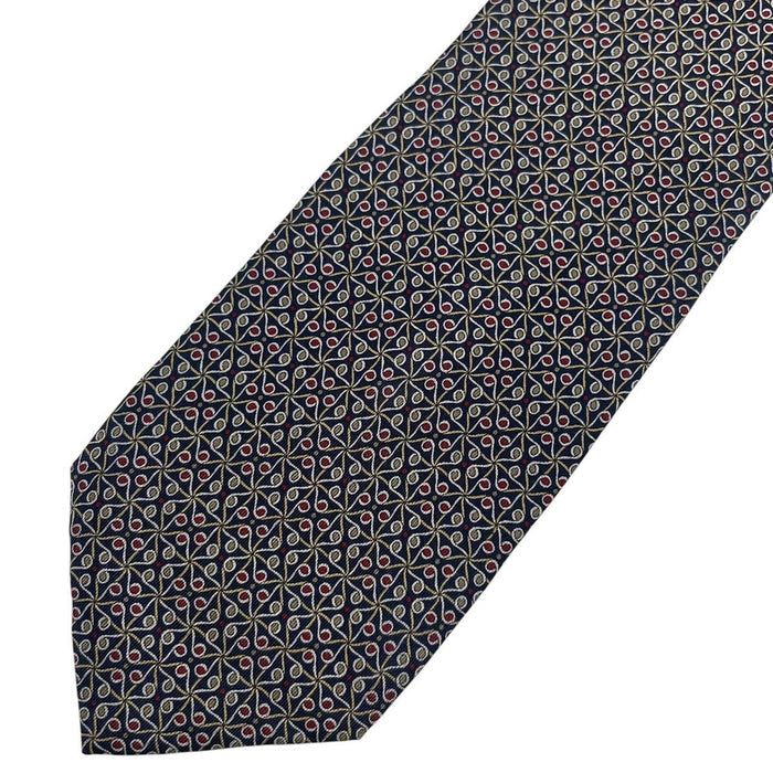 Gucci navy blue silk tie with vintage pattern and logo detail.
