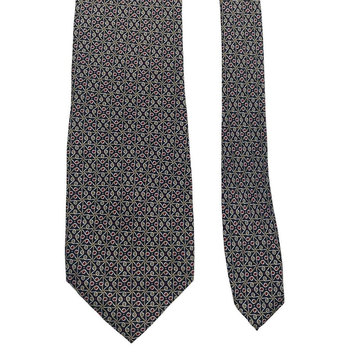 Gucci navy blue silk tie with vintage pattern and logo detail.