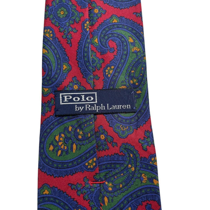 Polo Ralph Lauren multicoloured paisley print silk tie with vibrant patterns and luxurious texture.