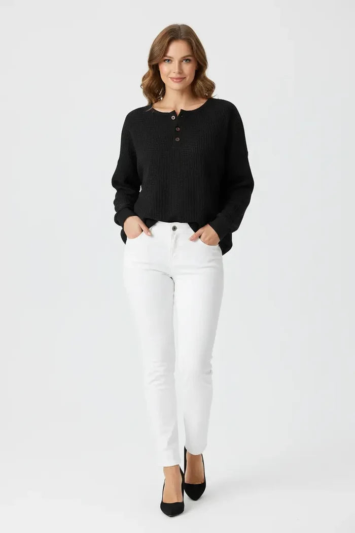 waffle long sleeve T shirt women black textured fabric detail round neck buttons