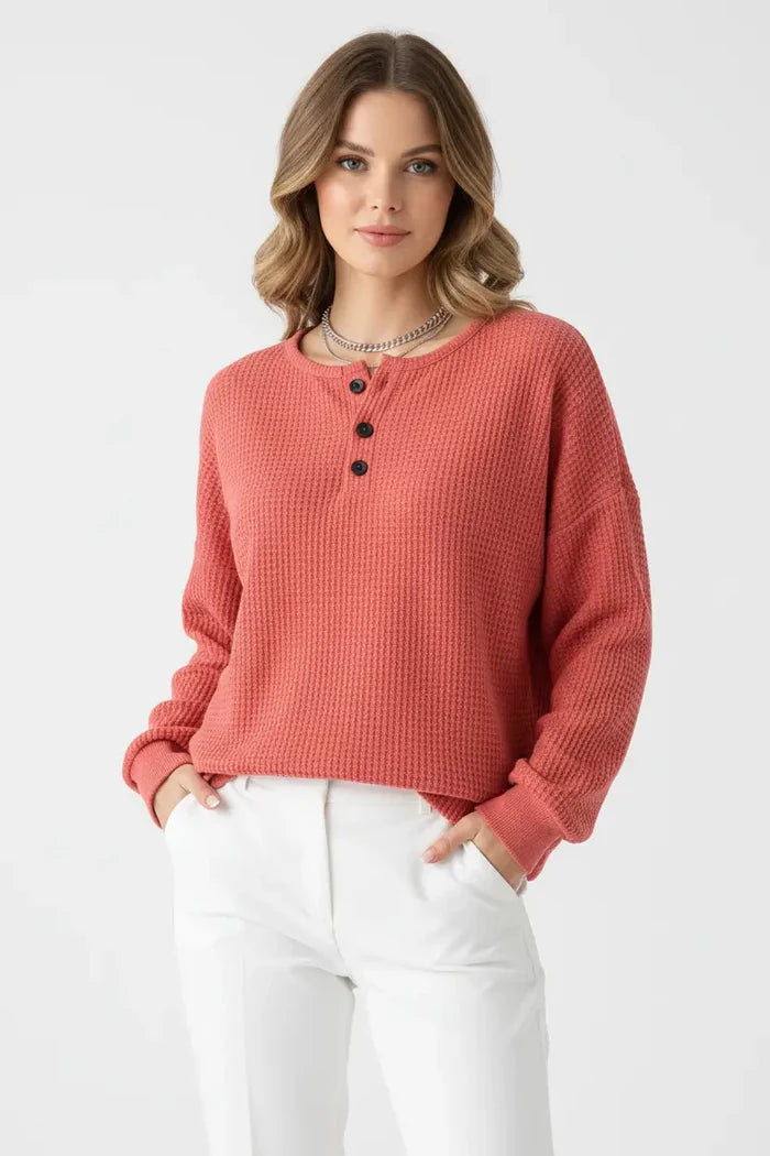 waffle long sleeve T shirt women red long sleeve relaxed drape front view