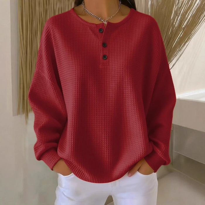 Waffle Long Sleeve T Shirt Women Loose Button Pullover Top