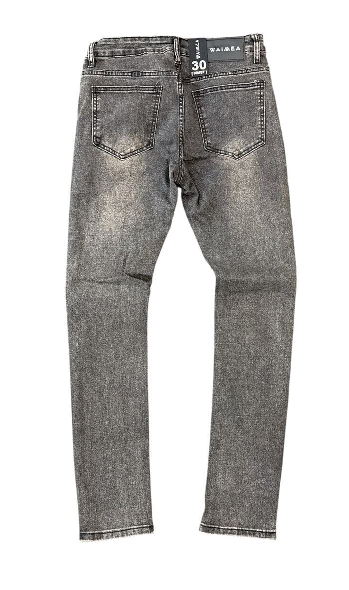 Waimea Rip Skinny Denim in black wash, showing fitted black denim jeans with rip details and classic five-pocket style.