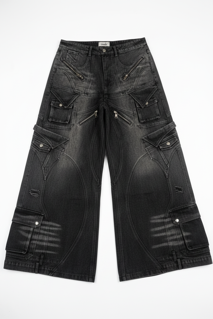Washed black wide-leg cargo denim jeans on a white studio background