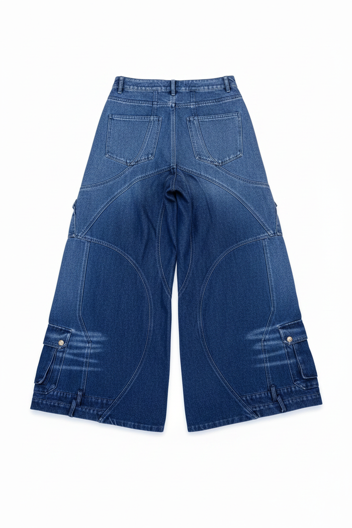 CRUX wide-leg cargo denim back view hero shot