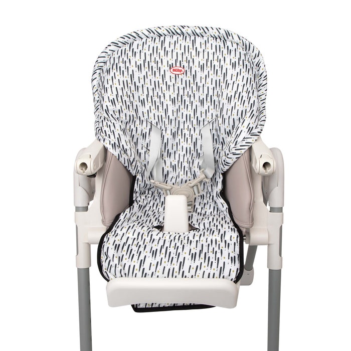 The Nuby Water-Resistant High Chair Cover features a white and gray pattern, is machine washable, includes safety harness straps, and fits a sturdy high chair with a plastic frame and metal legs.