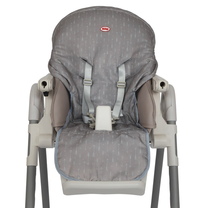 The Nuby Water-Resistant High Chair Cover features a padded, machine-washable seat with a subtle arrow pattern, safety harness slots, and fits most high chairs. Durable and easy to clean, it protects your gray high chair for everyday use.