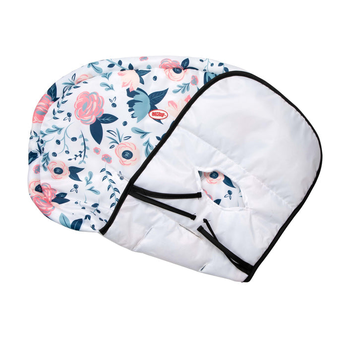 The Nuby Water-Resistant High Chair Cover is a padded, machine-washable cover with a floral pink and blue pattern on white, a plain white front panel with black trim and strap slots. It doubles as a baby car seat cover for versatile use.